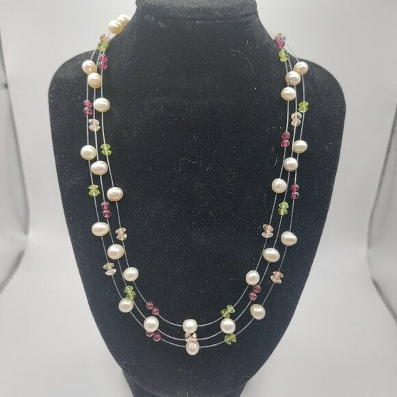 Vintage Illusion floating necklace with pearls amethyst and peridot beads silver - Picture 2 of 4